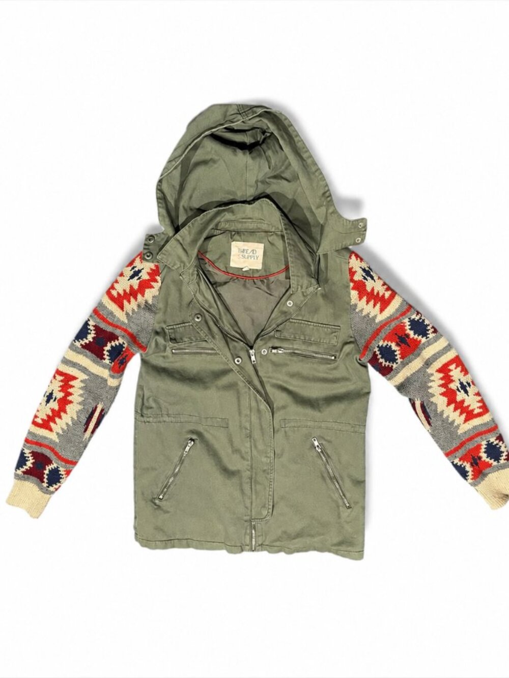 Thread & Supply Hooded Utility Jacket Women’s S Army Green Aztec Military Boho